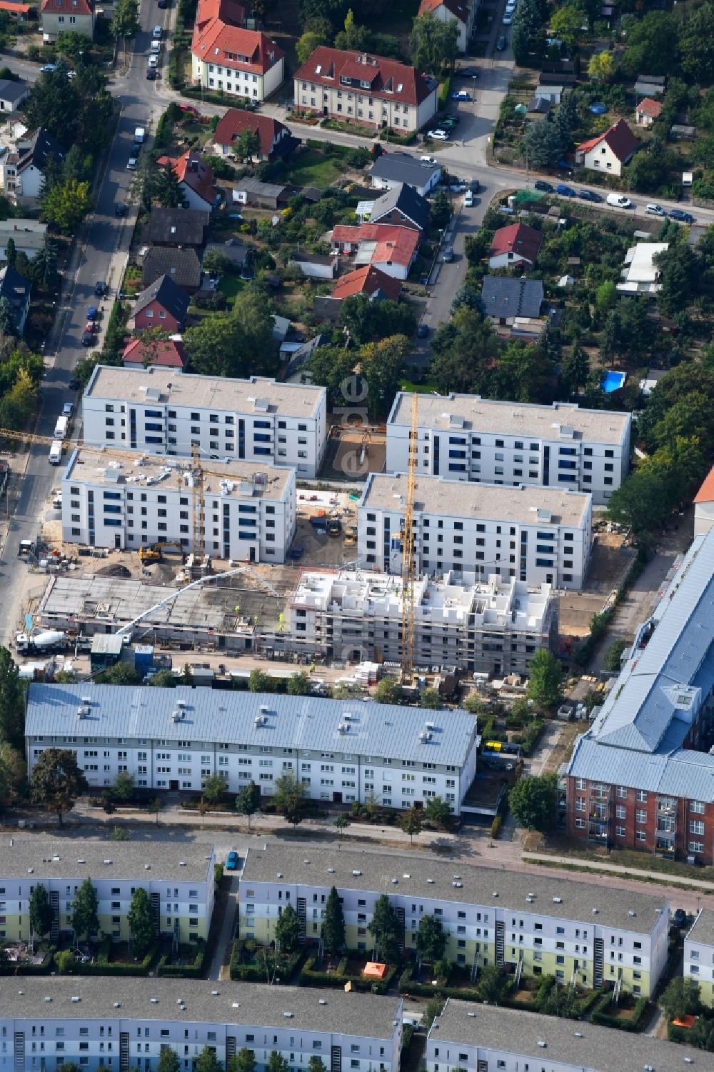 Luftaufnahme Teltow - Baustelle zum Neubau einer Mehrfamilienhaus-Wohnanlage Wohnen am Striewitzweg der Bonava Deutschland GmbH in Teltow im Bundesland Brandenburg, Deutschland