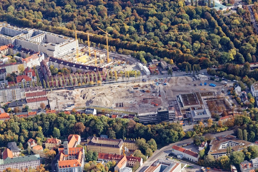 Luftaufnahme München - Baustelle zum Neubau einer Mehrfamilienhaus-Wohnanlage Wohnquartier am Nockherberg in München im Bundesland Bayern, Deutschland