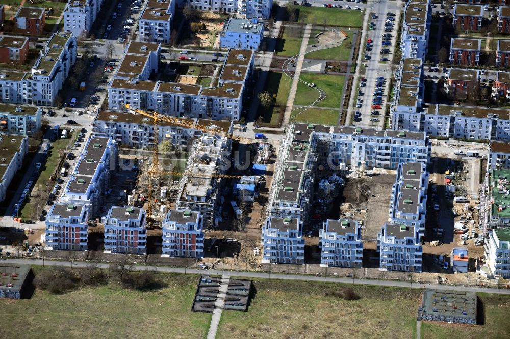 Berlin von oben - Baustelle zum Neubau einer Mehrfamilienhaus-Wohnanlage zwischen Hasenholzer Allee und dem Wiesenpark im Ortsteil Marzahn in Berlin