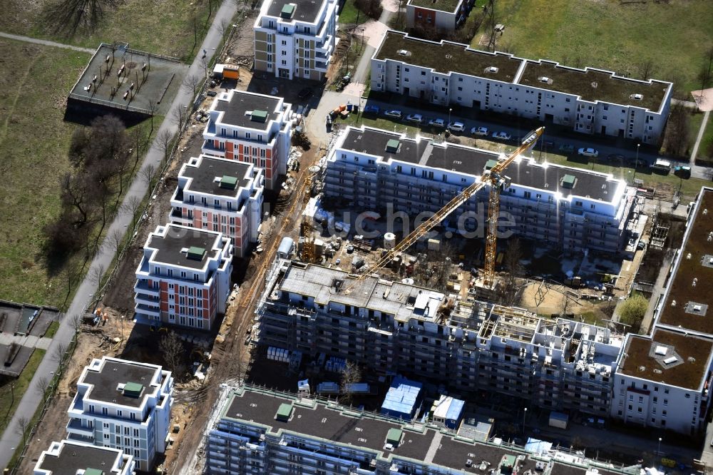 Luftbild Berlin - Baustelle zum Neubau einer Mehrfamilienhaus-Wohnanlage zwischen Hasenholzer Allee und dem Wiesenpark im Ortsteil Marzahn in Berlin