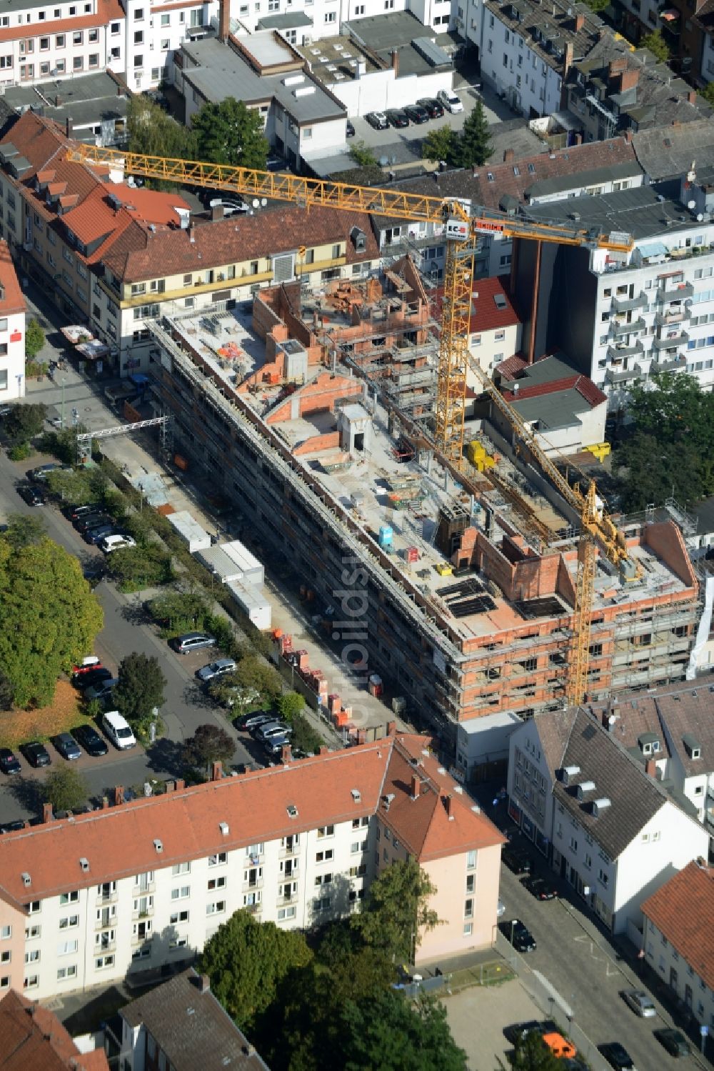 Luftaufnahme Hanau - Baustelle zum Neubau einer Mehrfamilienhaus-WohnanlageLautenschlägerstraße - Calvinstraße in Hanau im Bundesland Hessen