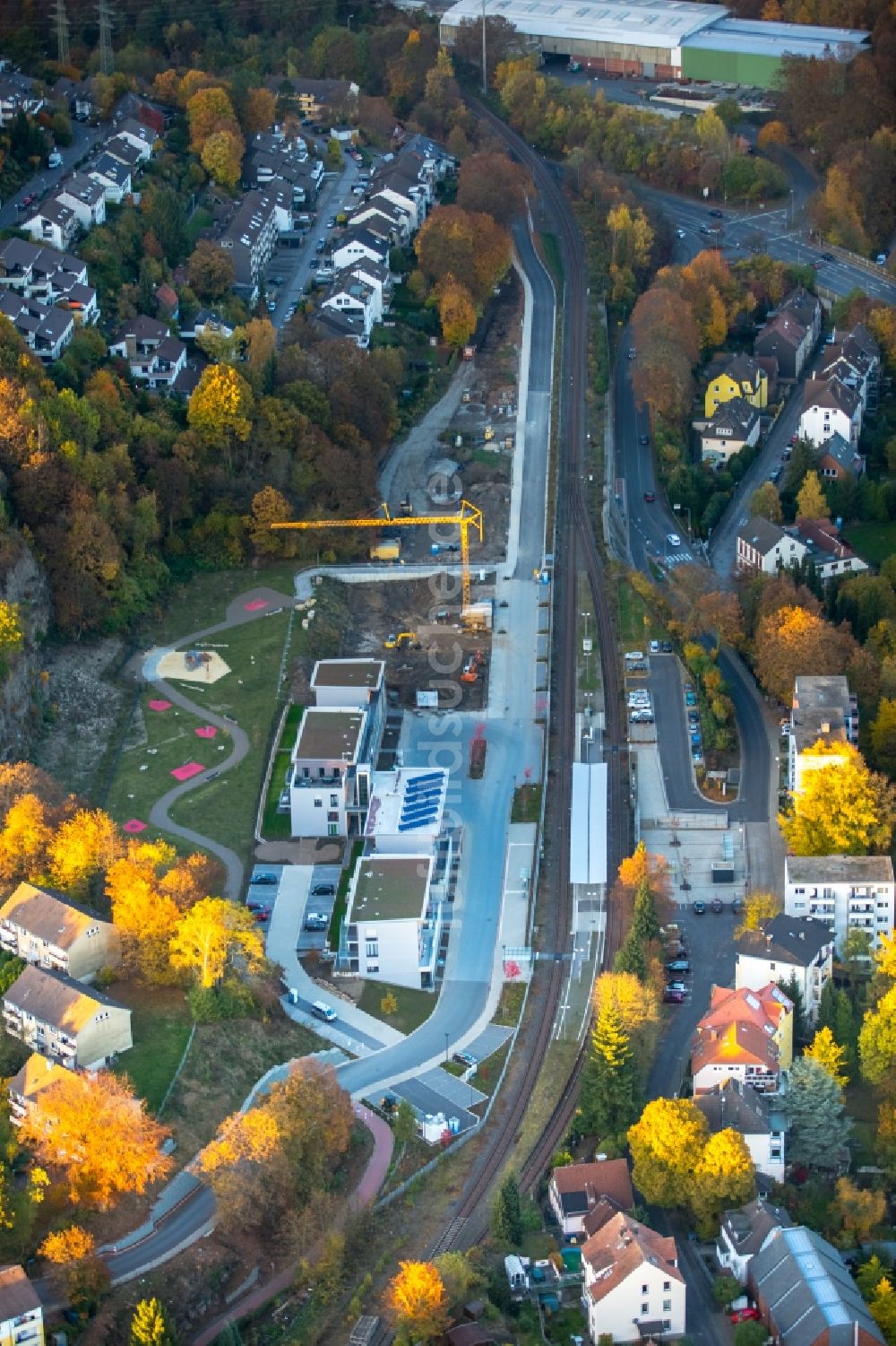 Herdecke aus der Vogelperspektive: Baustelle zum Neubau von Mehrfamilienhäuser am Bahnhof Herdecke in Herdecke im Bundesland Nordrhein-Westfalen