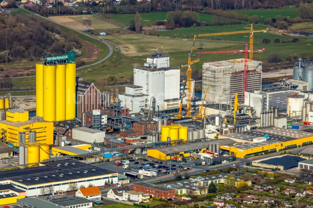 Luftaufnahme Hamm - Baustelle zum Neubau eines Mühlenwerkes am Hammer Hafen im Ortsteil Heessen in Hamm im Bundesland Nordrhein-Westfalen, Deutschland