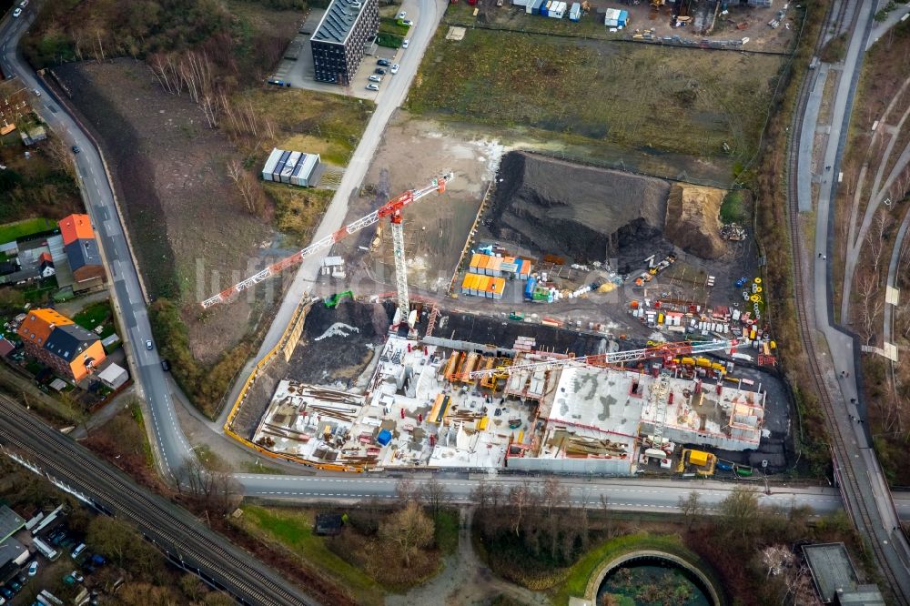 Essen von oben - Baustelle zum Neubau eines Nutzungsmixes aus Hochschule, Design- und Kreativwirtschaft sowie ein Hotel werden hier entstehen in Essen im Bundesland Nordrhein-Westfalen