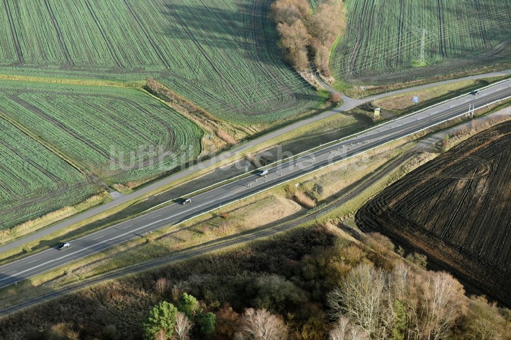 Brieskow-Finkenheerd aus der Vogelperspektive: Baustelle zum Neubau der OU Ortsumfahrung der Bundesstraße B112 in Brieskow-Finkenheerd im Bundesland Brandenburg