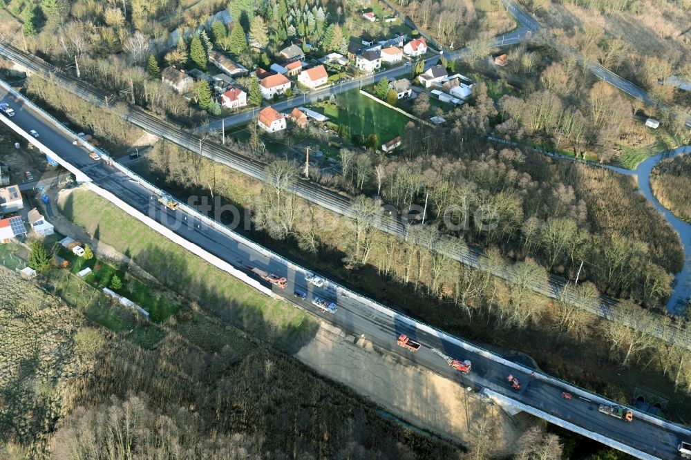 Brieskow-Finkenheerd aus der Vogelperspektive: Baustelle zum Neubau der OU Ortsumfahrung der Bundesstraße B112 in Brieskow-Finkenheerd im Bundesland Brandenburg