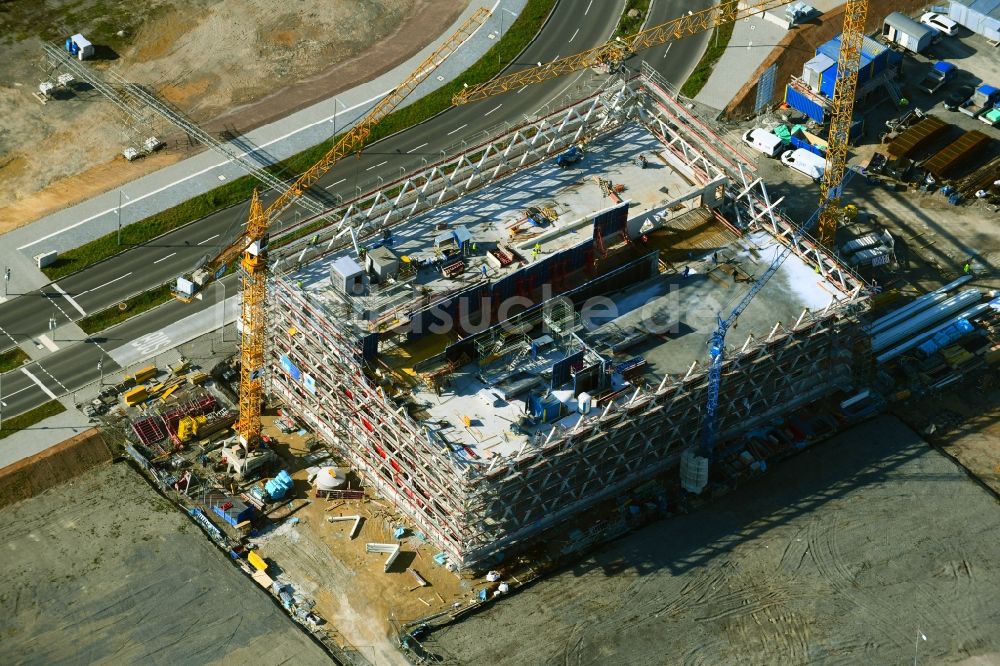 Stuttgart aus der Vogelperspektive: Baustelle zum Neubau des Parkhauses der Quartiersgarage Neckarpark an der Benzstraße in Stuttgart im Bundesland Baden-Württemberg, Deutschland