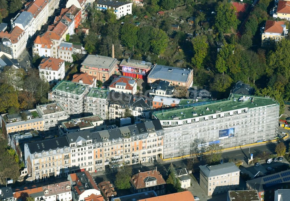 Dresden von oben - Baustelle zum Neubau der Pfund-Höfe von einer Wohn- und Gewerbefläche entlang der Bautzner Straße und der Prießnitzstraße in Dresden im Bundesland Sachsen, Deutschland