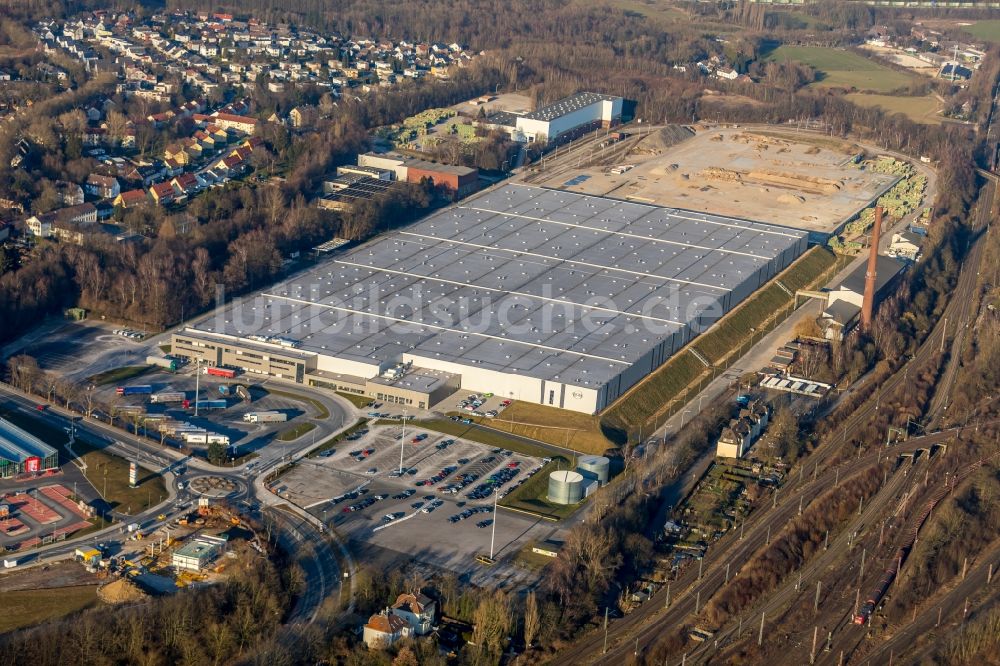 Luftaufnahme Bochum - Baustelle zum Neubau von Produktions- und Logistik- Hallen am OPEL Werk II und III in Langendreer in Bochum im Bundesland Nordrhein-Westfalen