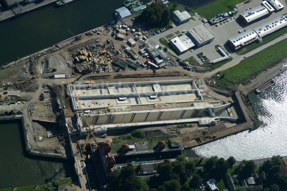 Luftbild Minden - Baustelle zum Neubau der Schleuse im Wasserstraßenkreuz in Minden im Bundesland Nordrhein-Westfalen