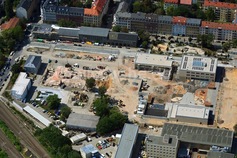 Luftaufnahme Dresden - Baustelle zum Neubau Schul- Gebäude und der Kita Drewag-Areal in Dresden im Bundesland Sachsen, Deutschland