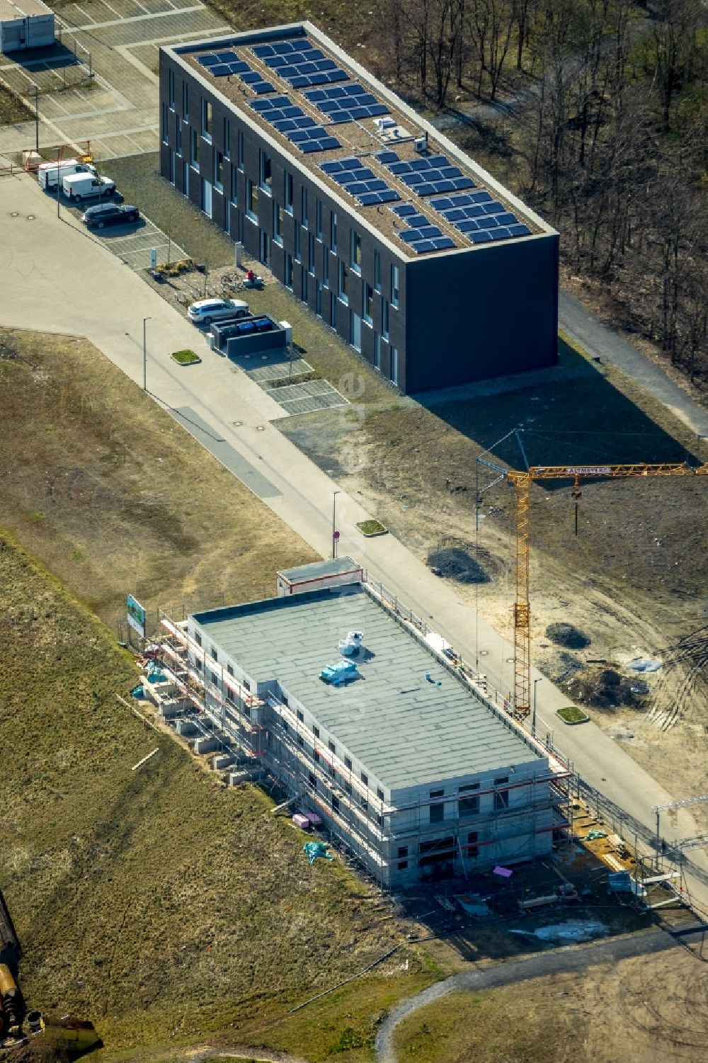 Bochum von oben - Baustelle zum Neubau des Schulgebäudes am Gerard-Mortier-Platz in Bochum im Bundesland Nordrhein-Westfalen, Deutschland