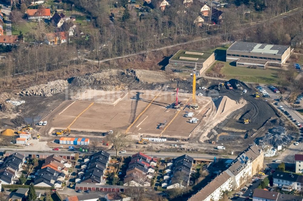 Luftaufnahme Essen - Baustelle zum Neubau des Schulgebäudes der Gustav-Heinemann-Schule in Essen im Bundesland Nordrhein-Westfalen, Deutschland