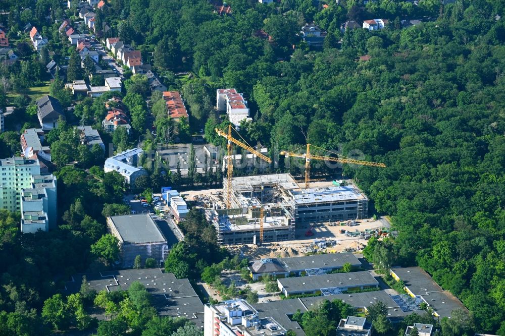 Berlin aus der Vogelperspektive: Baustelle zum Neubau des Schulgebäudes der Heinrich-Böll-Oberschule Am Forstacker im Ortsteil Hakenfelde in Berlin, Deutschland