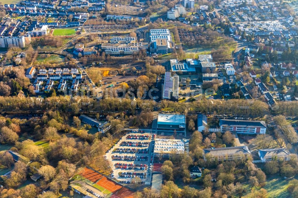 Unna von oben - Baustelle zum Neubau des Schulgebäudes mit Weiterbildungszentrum an der Berliner Allee im Ortsteil Alte Heide in Unna im Bundesland Nordrhein-Westfalen, Deutschland