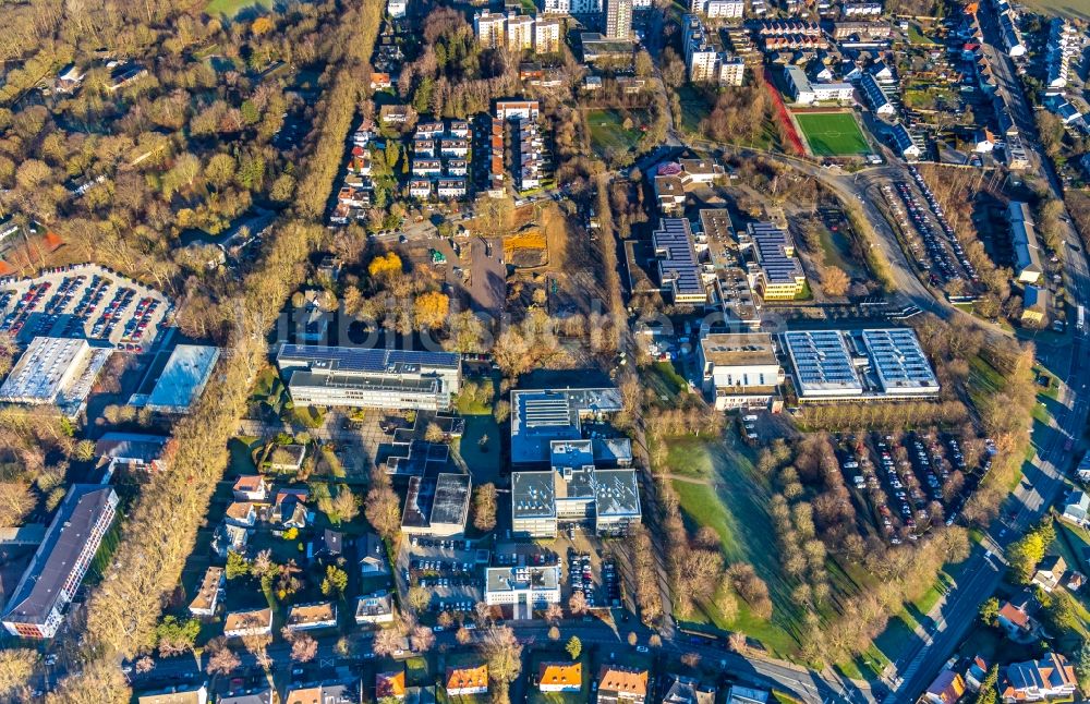 Luftaufnahme Unna - Baustelle zum Neubau des Schulgebäudes mit Weiterbildungszentrum an der Berliner Allee im Ortsteil Alte Heide in Unna im Bundesland Nordrhein-Westfalen, Deutschland