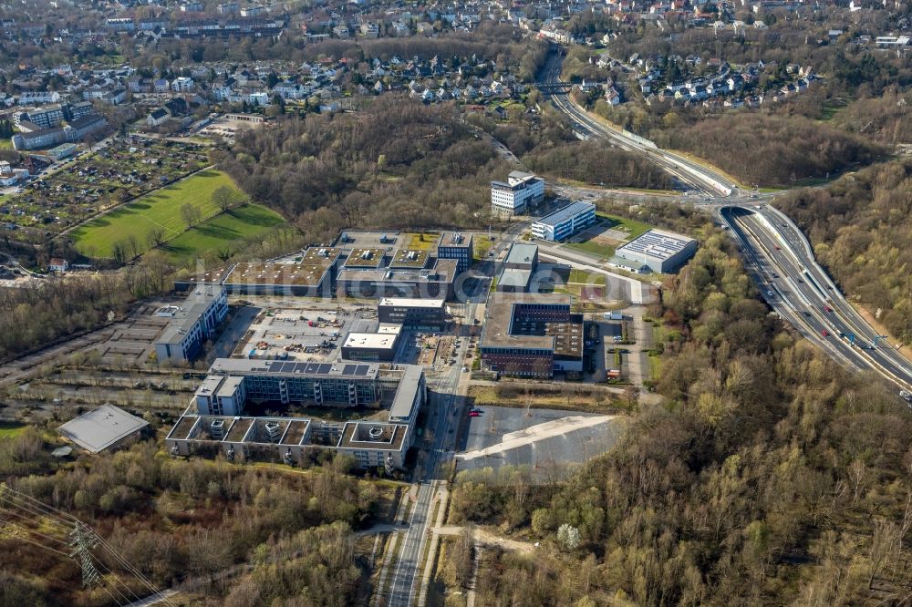 Bochum von oben - Baustelle zum Neubau des Schulungs- und Forschungszentrum EBZ (Europäisches Bildungszentrum der Wohnungs- und Immobilienwirtschaft) an der Springorumallee in Bochum im Bundesland Nordrhein-Westfalen - NRW, Deutschland