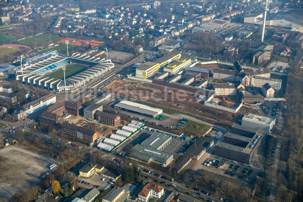 Luftaufnahme Bochum - Baustelle zum Neubau einer Sozialtherapeutische Anstalt ( SothA ) der Justizvollzugsanstalt JVA an der Krümmede in Bochum im Bundesland Nordrhein-Westfalen, Deutschland