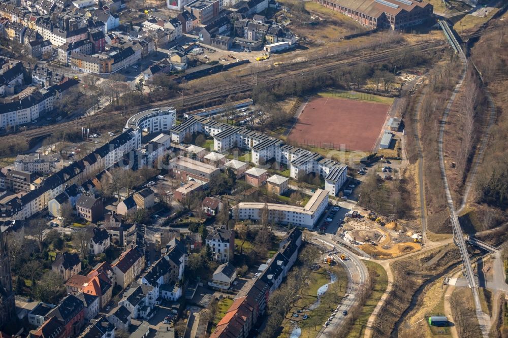 Dortmund aus der Vogelperspektive: Baustelle zum Neubau des Spielplatz an der Heinrich-Stephan-Straße in Dortmund im Bundesland Nordrhein-Westfalen, Deutschland