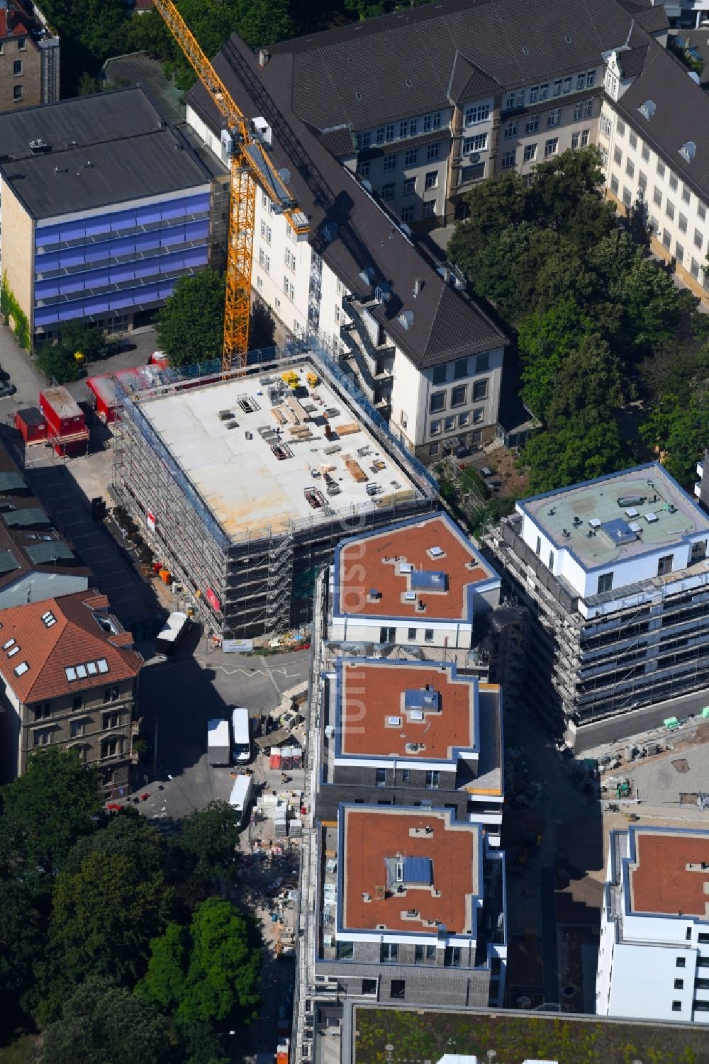 Stuttgart aus der Vogelperspektive: Baustelle zum Neubau der Sporthalle Breitscheidstraße Ecke Falkertstraße in Stuttgart im Bundesland Baden-Württemberg, Deutschland