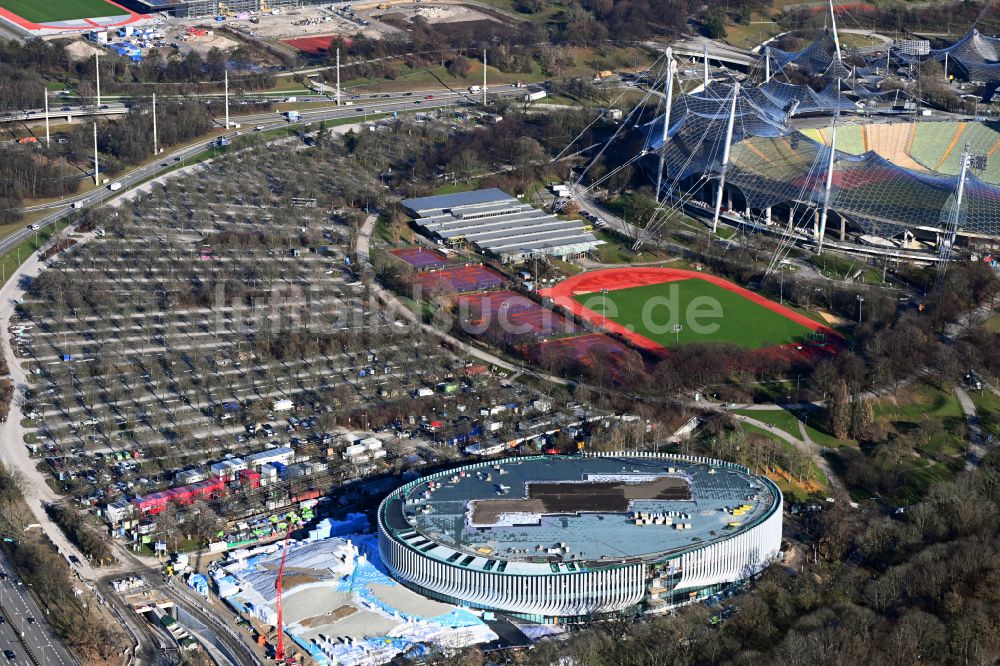 München von oben - Baustelle zum Neubau der Sporthalle SAP Garden in München im Bundesland Bayern, Deutschland