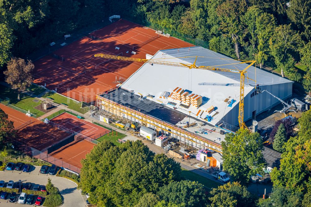 Unna von oben - Baustelle zum Neubau der Sporthalle der Tennishalle am Tennisplatz- Ensemble im Ortsteil Alte Heide in Unna im Bundesland Nordrhein-Westfalen, Deutschland