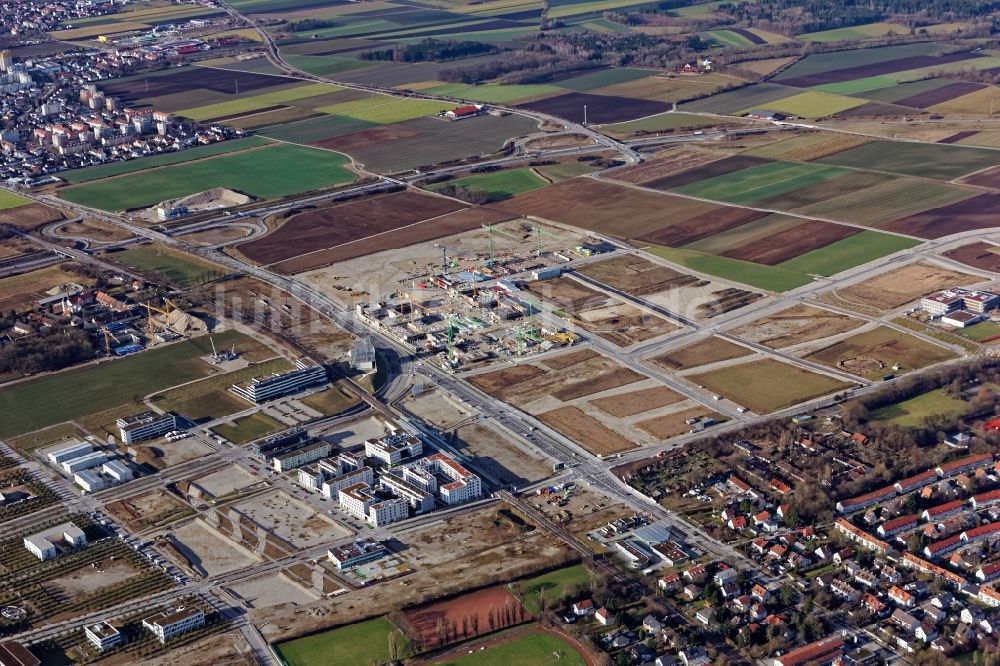 Luftaufnahme München - Baustelle zum Neubau des Sportpark es und Bildungscampus im Ortsteil Freiham in München im Bundesland Bayern, Deutschland