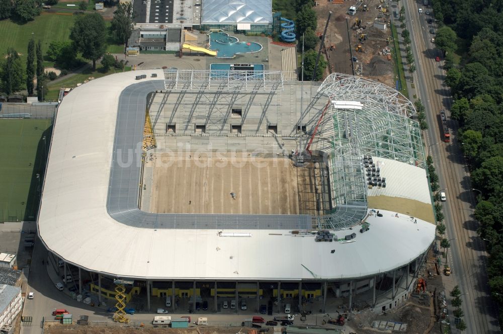 Dresden aus der Vogelperspektive: Baustelle zum Neubau des Stadion DDV-Stadion Dresden im Bundesland Sachsen