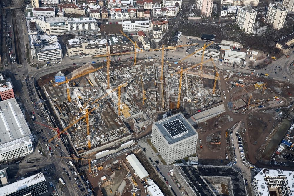 Luftaufnahme Stuttgart - Baustelle zum Neubau des Stadtteilzentrums und Einkaufszentrum Milaneo im Zentrum der Landeshauptstadt Stuttgart im Bundesland Baden-Württemberg BW