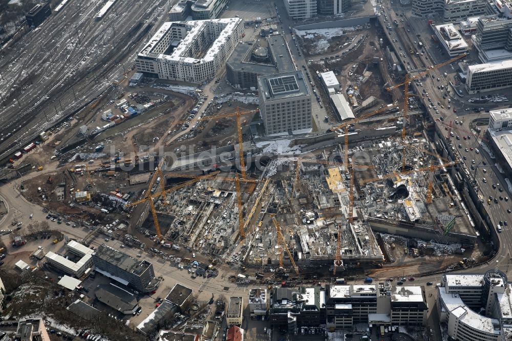 Luftaufnahme Stuttgart - Baustelle zum Neubau des Stadtteilzentrums und Einkaufszentrum Milaneo im Zentrum der Landeshauptstadt Stuttgart im Bundesland Baden-Württemberg BW