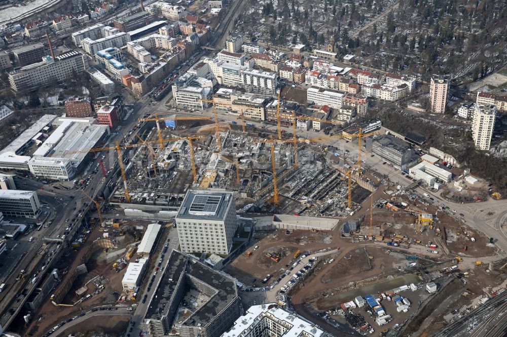 Luftaufnahme Stuttgart - Baustelle zum Neubau des Stadtteilzentrums und Einkaufszentrum Milaneo im Zentrum der Landeshauptstadt Stuttgart im Bundesland Baden-Württemberg BW