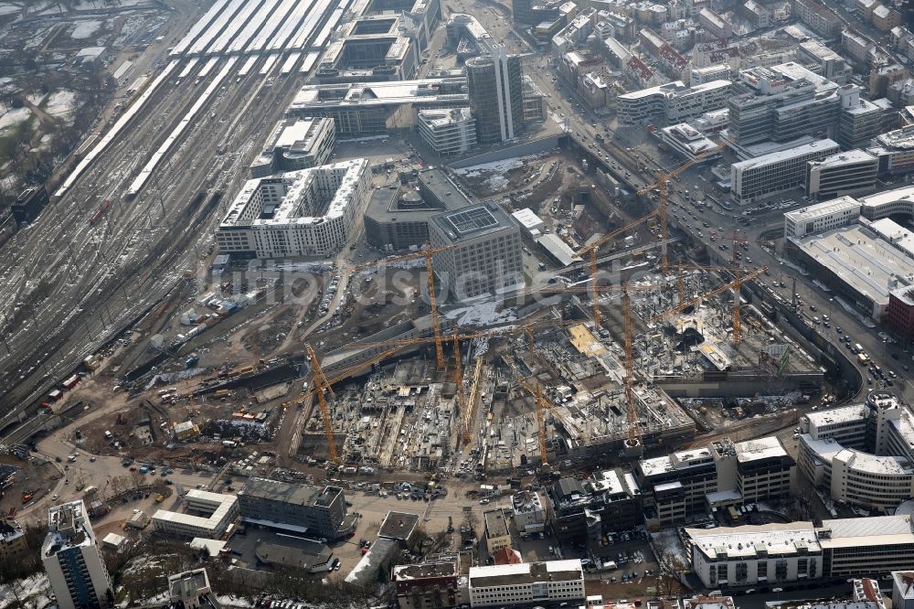 Luftaufnahme Stuttgart - Baustelle zum Neubau des Stadtteilzentrums und Einkaufszentrum Milaneo im Zentrum der Landeshauptstadt Stuttgart im Bundesland Baden-Württemberg BW