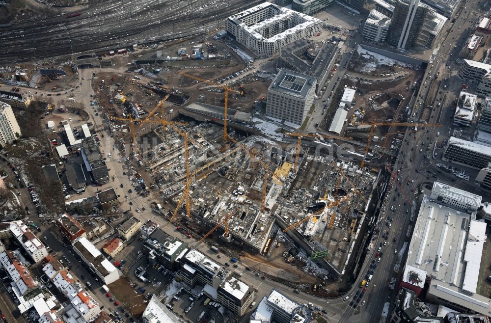 Luftaufnahme Stuttgart - Baustelle zum Neubau des Stadtteilzentrums und Einkaufszentrum Milaneo im Zentrum der Landeshauptstadt Stuttgart im Bundesland Baden-Württemberg BW