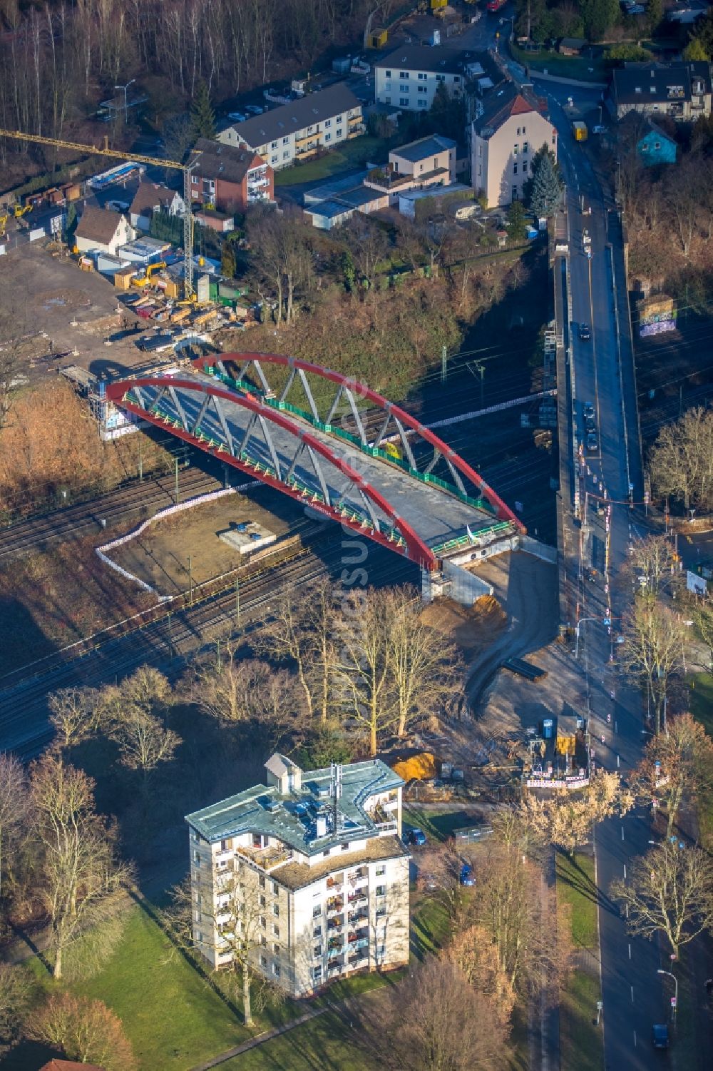 Luftaufnahme Bochum - Baustelle zum Neubau des Straßen- Brückenbauwerk Buselohbrücke in Bochum im Bundesland Nordrhein-Westfalen