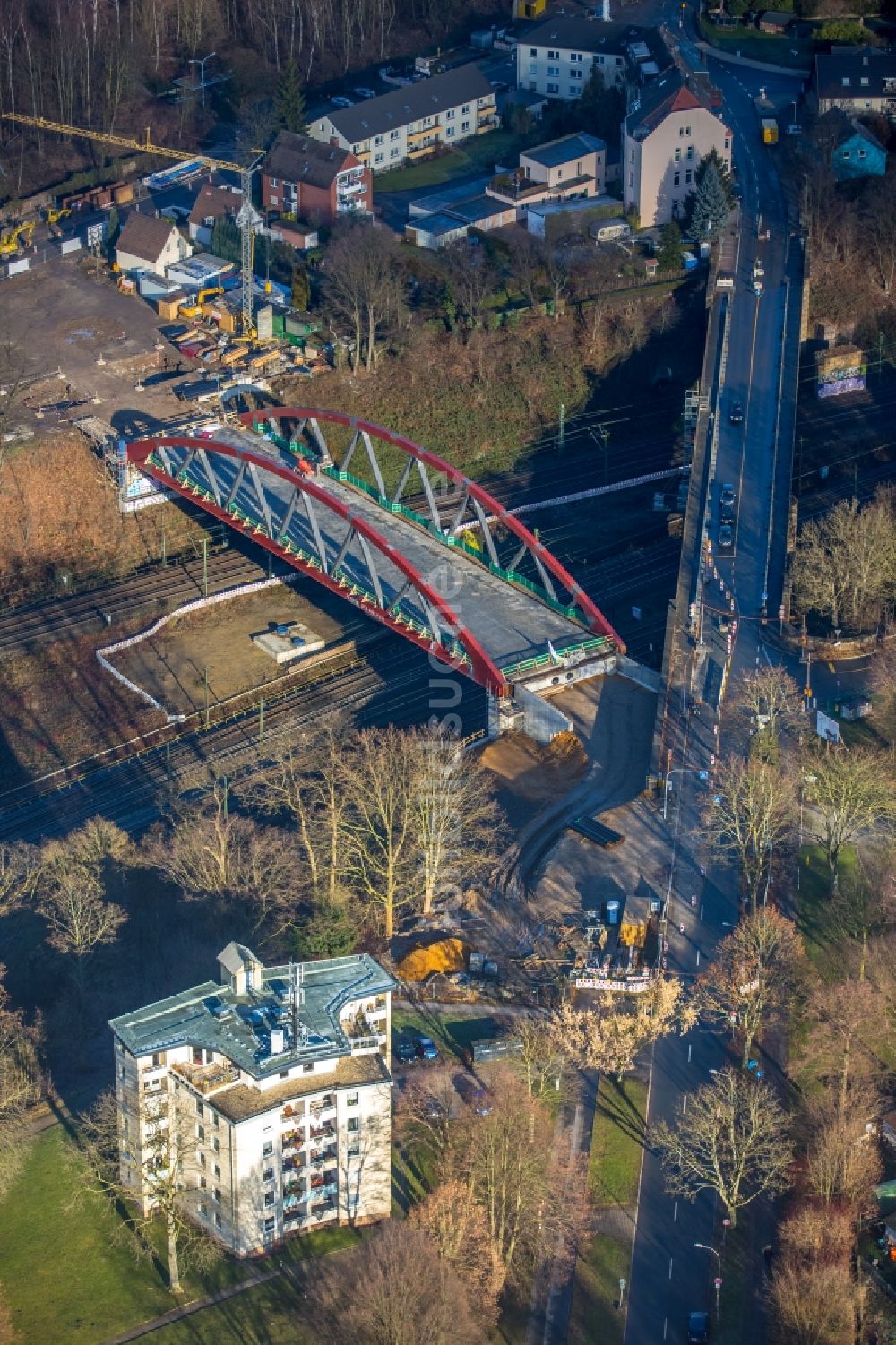 Bochum von oben - Baustelle zum Neubau des Straßen- Brückenbauwerk Buselohbrücke in Bochum im Bundesland Nordrhein-Westfalen