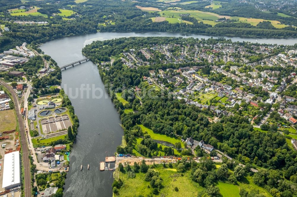 Luftbild Essen - Baustelle zum Neubau des Straßen- Brückenbauwerk Kampmannbrücke über die Ruhr in Essen im Bundesland Nordrhein-Westfalen