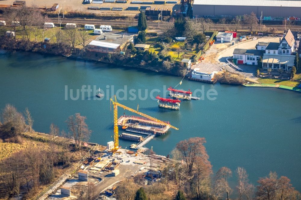 Essen aus der Vogelperspektive: Baustelle zum Neubau des Straßen- Brückenbauwerk Kampmannbrücke über die Ruhr in Essen im Bundesland Nordrhein-Westfalen