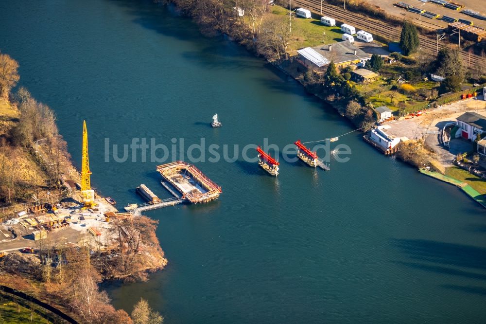 Luftaufnahme Essen - Baustelle zum Neubau des Straßen- Brückenbauwerk Kampmannbrücke über die Ruhr in Essen im Bundesland Nordrhein-Westfalen