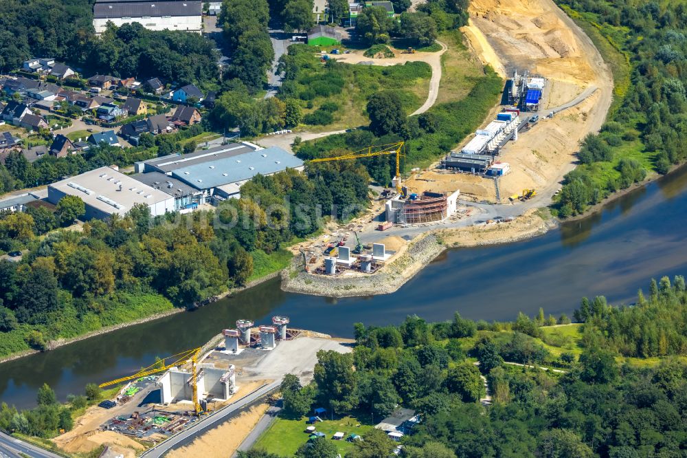 Luftaufnahme Wesel - Baustelle zum Neubau des Straßen- Brückenbauwerk Lippebrücke in Wesel im Bundesland Nordrhein-Westfalen, Deutschland