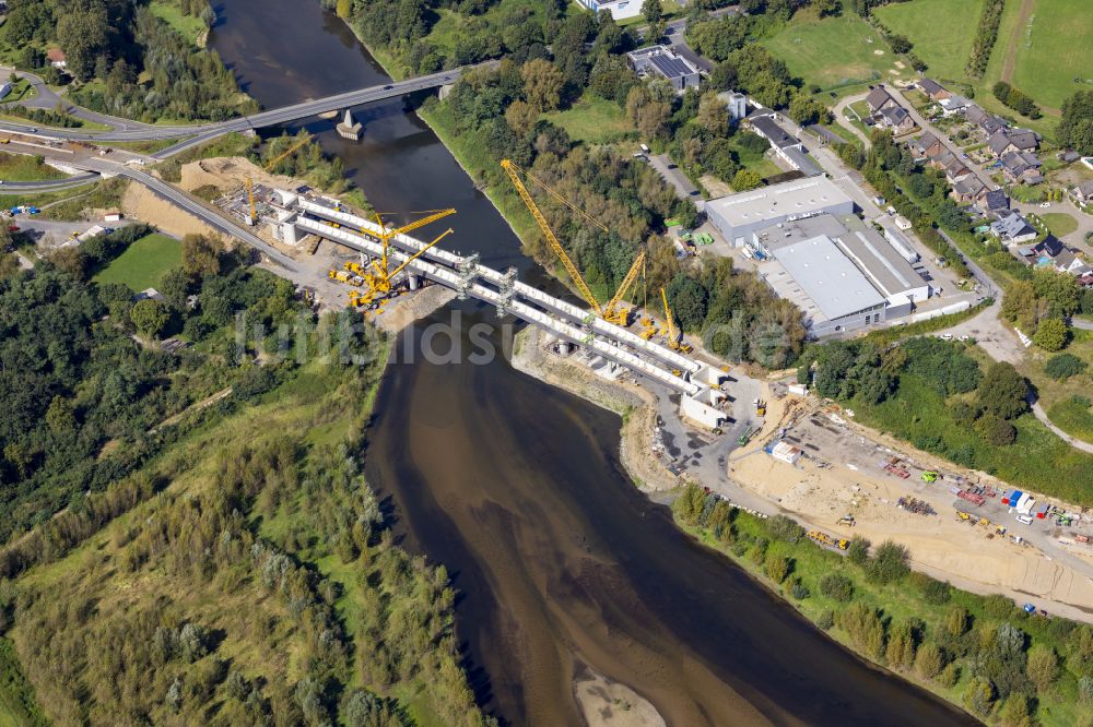 Luftaufnahme Wesel - Baustelle zum Neubau des Straßen- Brückenbauwerk Lippebrücke in Wesel im Bundesland Nordrhein-Westfalen, Deutschland