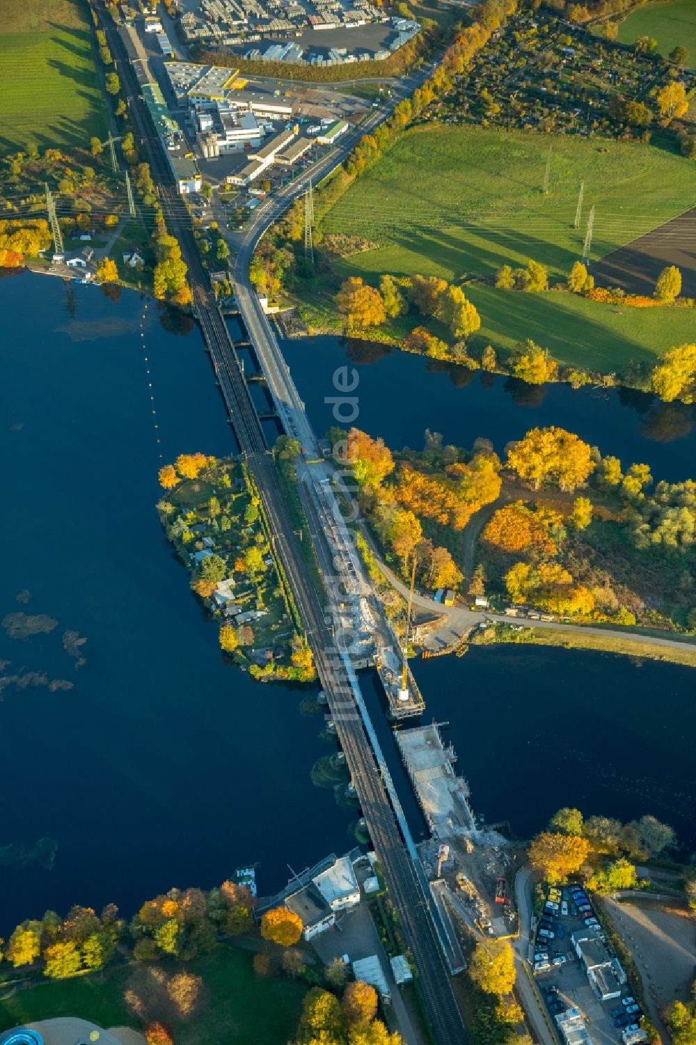 Luftaufnahme Wetter (Ruhr) - Baustelle zum Neubau des Straßen- Brückenbauwerk Obergraben-Brücke in Wetter (Ruhr) im Bundesland Nordrhein-Westfalen