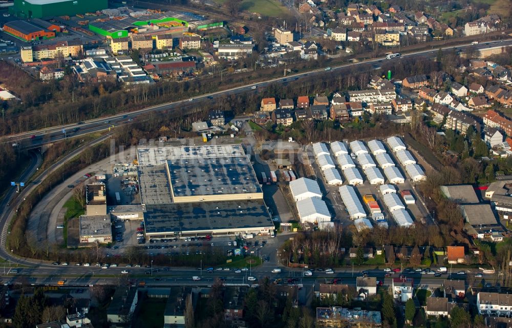 Luftaufnahme Herne - Baustelle zum Neubau der Therme und Schwimmbecken am Freibad der Freizeiteinrichtung Freizeitbades Wannanas der Herner Bädergesellschaft in Herne im Bundesland Nordrhein-Westfalen