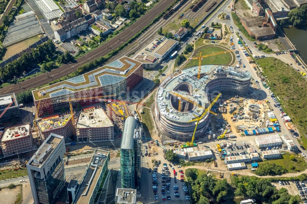 Düsseldorf aus der Vogelperspektive: Baustelle zum Neubau trivago- Zentrale an der Kesselstraße durch die Ed. Züblin AG im Ortsteil Medienhafen in Düsseldorf im Bundesland Nordrhein-Westfalen