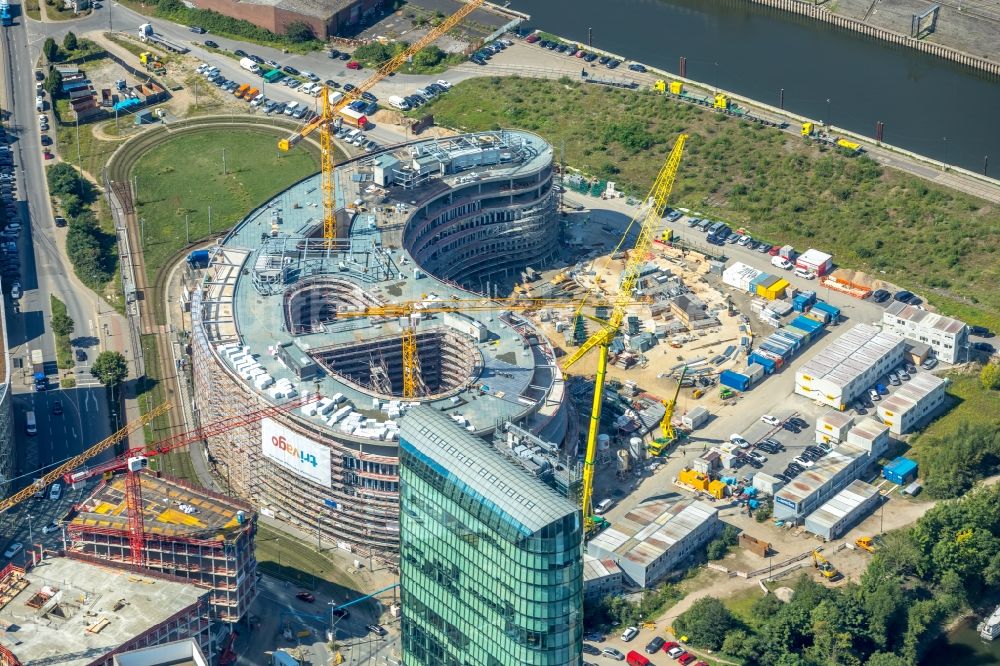 Düsseldorf von oben - Baustelle zum Neubau trivago- Zentrale an der Kesselstraße durch die Ed. Züblin AG im Ortsteil Medienhafen in Düsseldorf im Bundesland Nordrhein-Westfalen