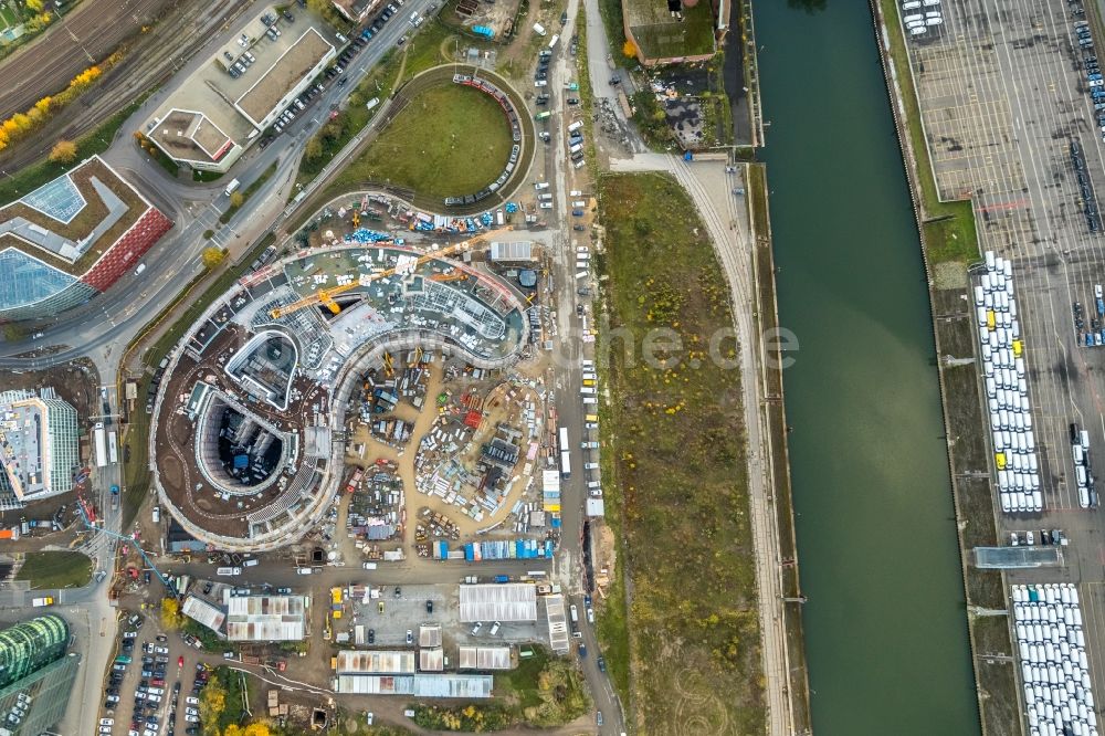 Düsseldorf von oben - Baustelle zum Neubau trivago- Zentrale an der Kesselstraße durch die Ed. Züblin AG im Ortsteil Medienhafen in Düsseldorf im Bundesland Nordrhein-Westfalen