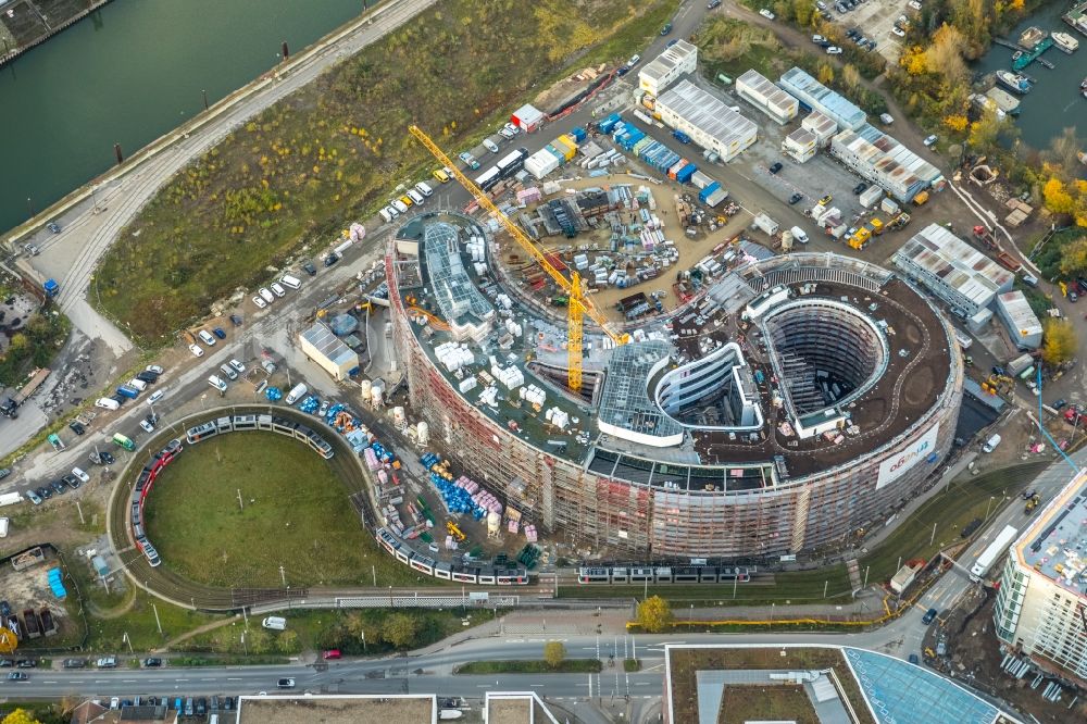 Luftaufnahme Düsseldorf - Baustelle zum Neubau trivago- Zentrale an der Kesselstraße durch die Ed. Züblin AG im Ortsteil Medienhafen in Düsseldorf im Bundesland Nordrhein-Westfalen