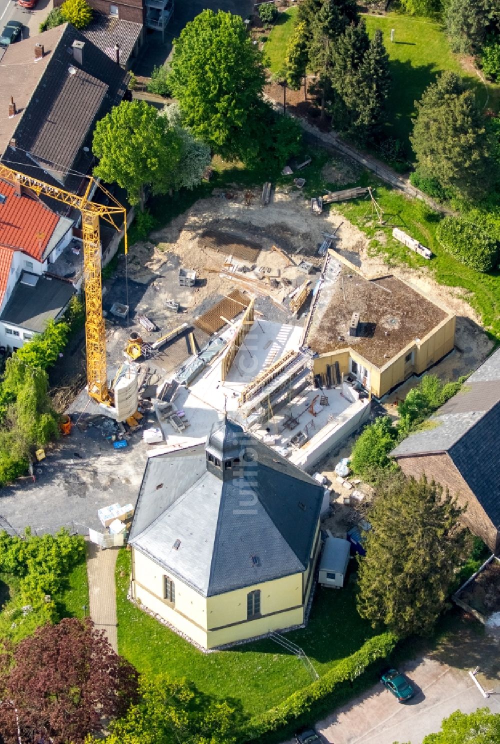 Rhynern aus der Vogelperspektive: Baustelle zum Neubau und Umbau des Kindergarten an der Evangelische Kirche in Rhynern im Bundesland Nordrhein-Westfalen