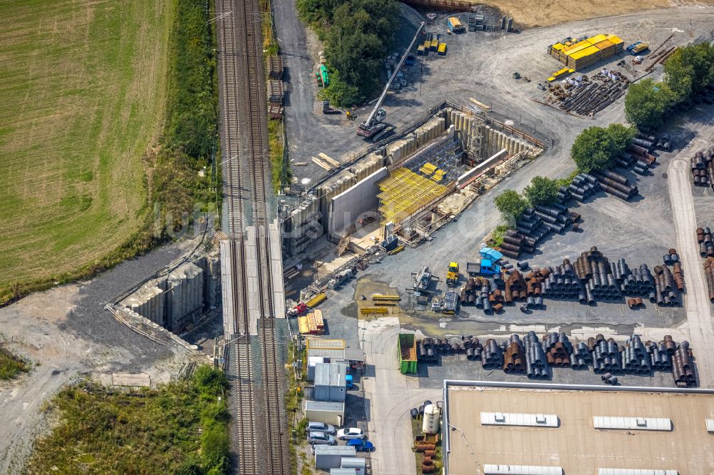 Kamen von oben - Baustelle zum Neubau der Unterführung Südkamener Spange im Ortsteil Westick in Kamen im Bundesland Nordrhein-Westfalen, Deutschland