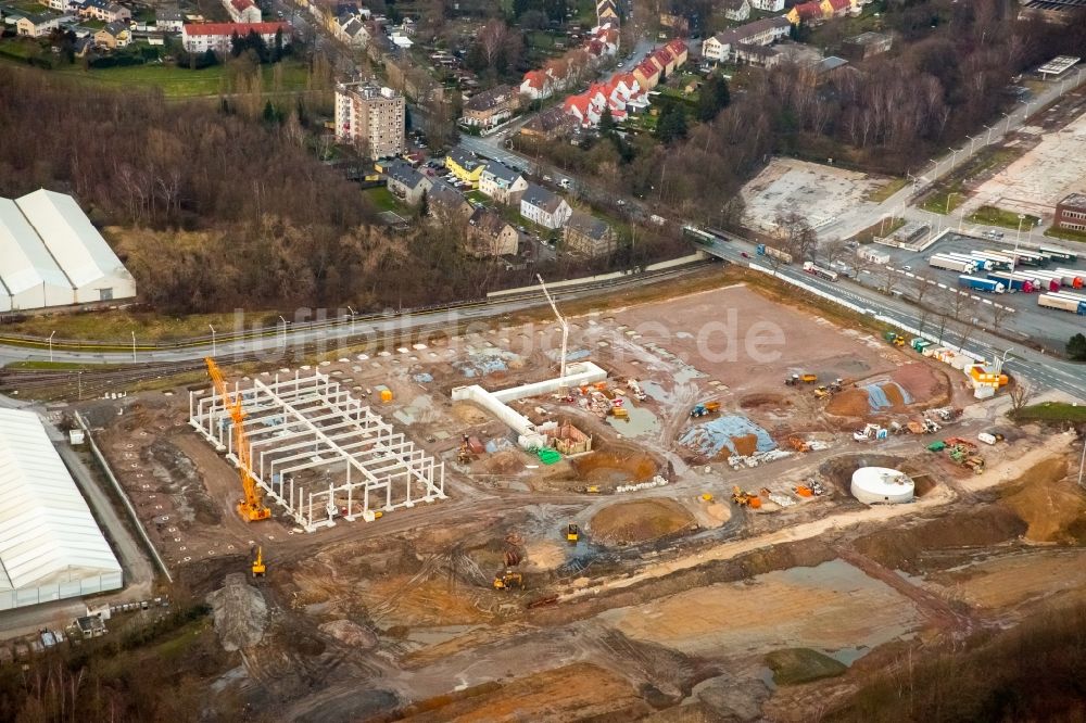 Bochum aus der Vogelperspektive: Baustelle zum Neubau des Warenverteilzentrums Warehouse auf dem Gelände des ehemaligen Opel Werkes II im Osten von Bochum im Bundesland Nordrhein-Westfalen