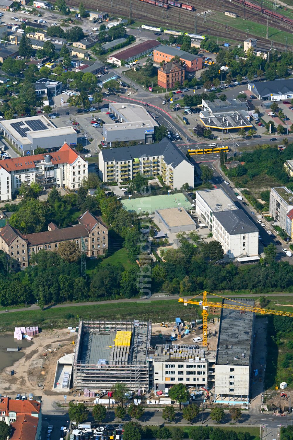 Luftbild Dresden - Baustelle zum Neubau eines Weiterbildungs- und Bildungszentrums Beruflichen Schulzentrums (BSZ) für Wirtschaft Franz Ludwig Gehe in Dresden im Bundesland Sachsen, Deutschland